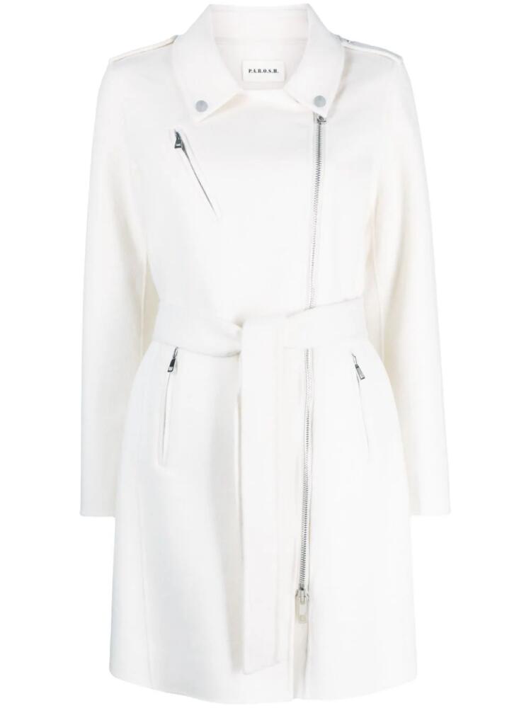 P.A.R.O.S.H. tied-waist biker wool coat - White Cover