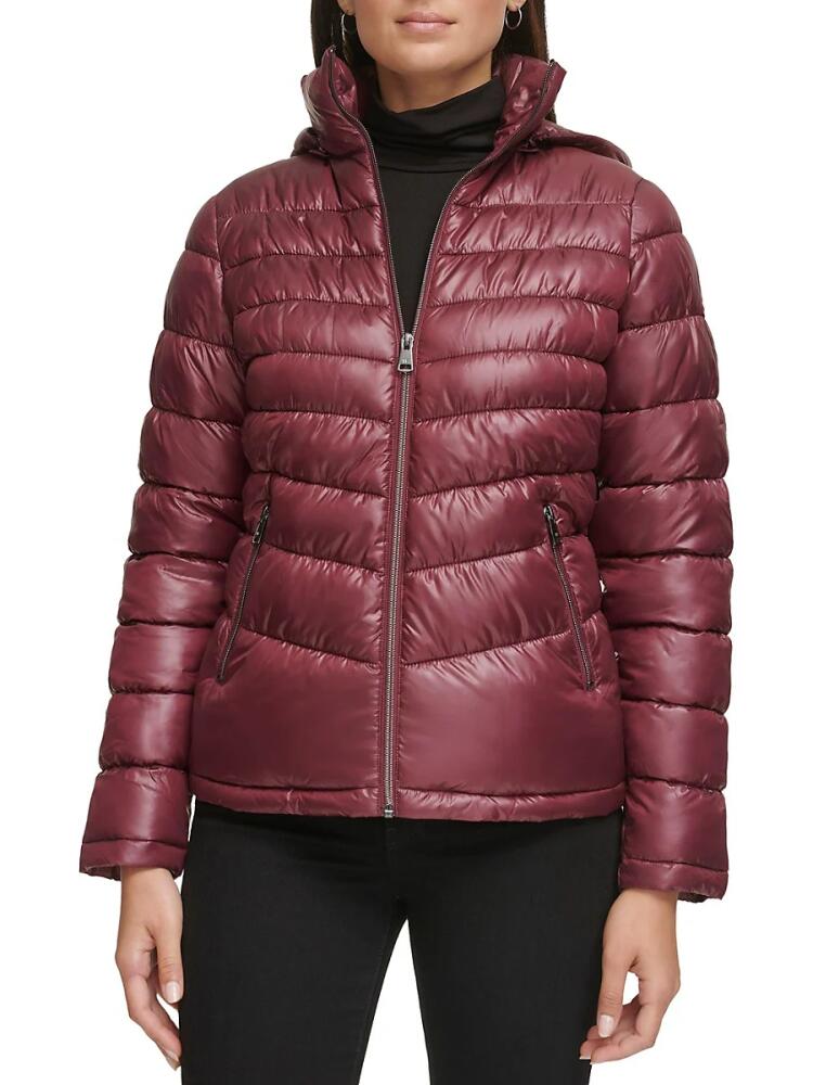 Kenneth Cole Women's Zip Puffer Hooded Jacket - Wine Cover