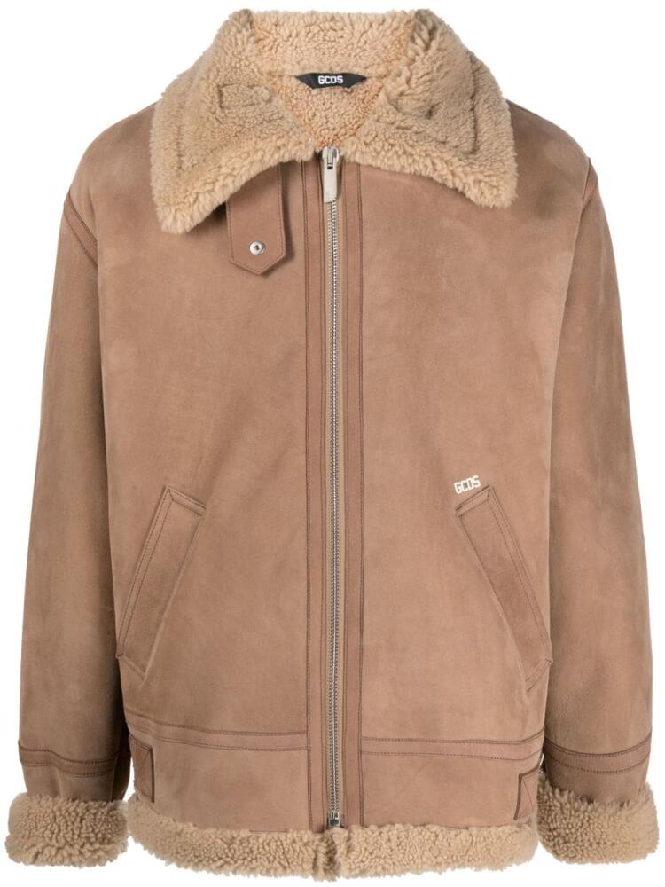 GCDS shearling zip-up biker jacket - Neutrals Cover