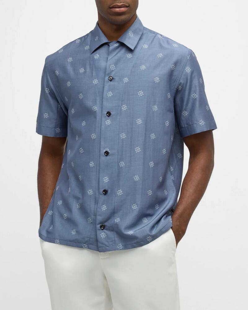 Brioni Men's Cotton-Silk Geometric-Print Camp Shirt Cover