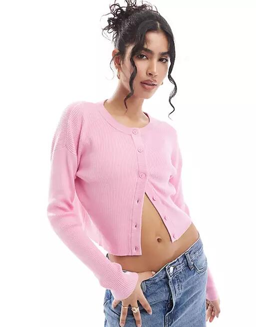 ASOS DESIGN slim fit cardigan with crew neck in pink Cover