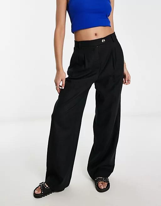 Bershka high waisted wide leg linen pants in black Cover