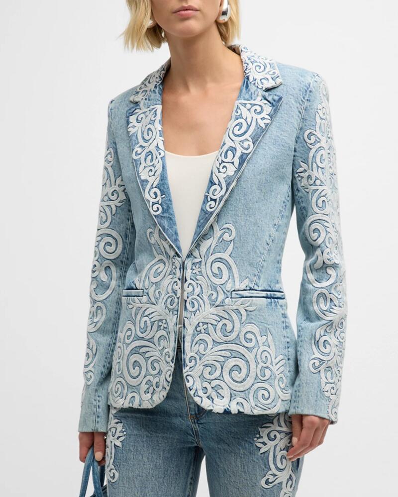 Alice + Olivia Macey Embroidered Denim Blazer Cover