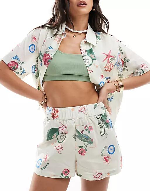 ASOS DESIGN linen look beach shorts in postcard print - part of a set-Multi Cover