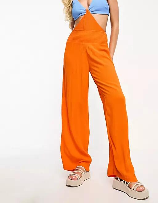 Vero Moda shirred waist beach pants in orange Cover