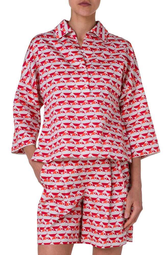 Akris punto Flamingo Dot Print Cotton Satin Shirt in Beige-Red-Coral Cover