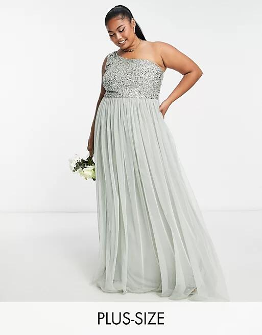 Maya Plus Bridesmaid one shoulder sequin maxi dress in sage green Cover