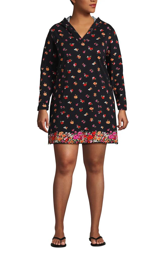 Lands' End Plus Size Cotton Jersey Long Sleeve Hooded Swim Cover-up Dress in Black Meadow Floral Border Cover