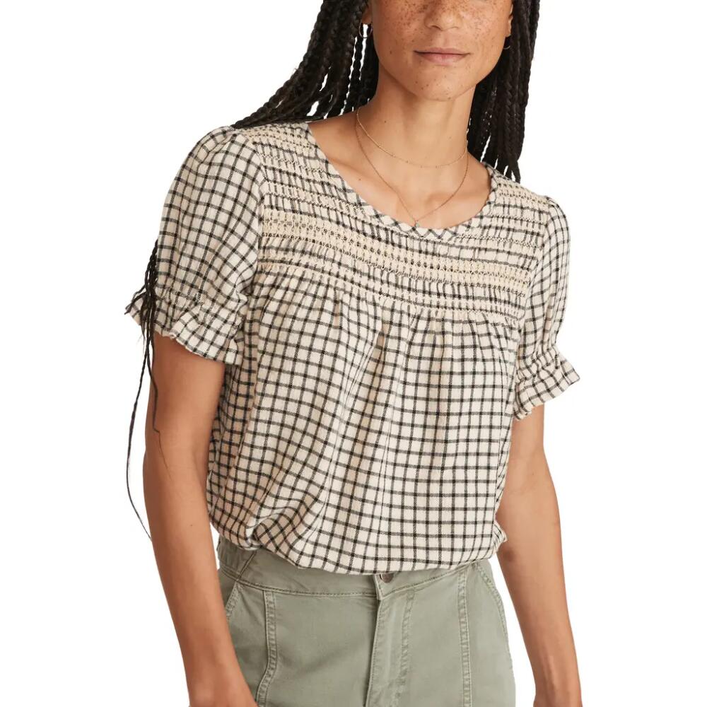 Marine Layer Elena Windowpane Plaid Smocked Yoke Top in Parchment/Black Windowpane Cover