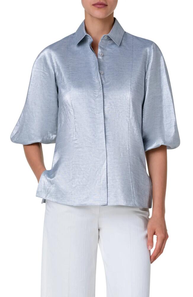 Akris punto Metallic Puff Sleeve Button-Up Shirt in Silver Blue Cover