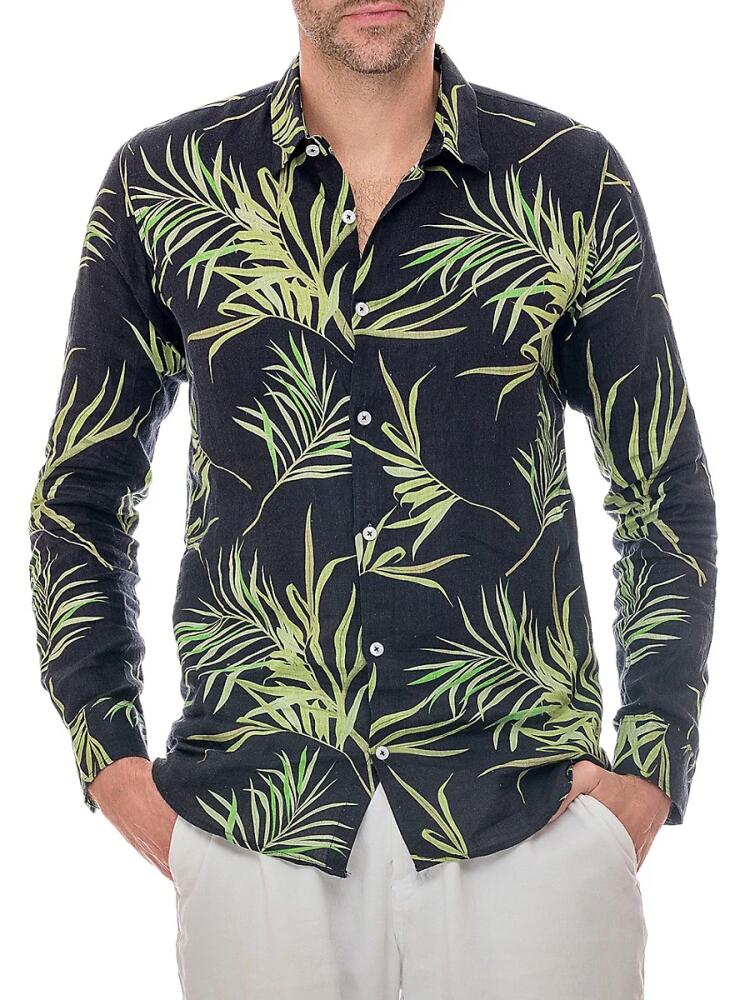 Ranee's Men's Leaf Print Linen Shirt - Black Cover