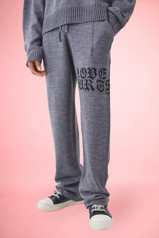 boohoo Mens Relaxed Knitted Sweatpants With Gothic Font - Grey Cover