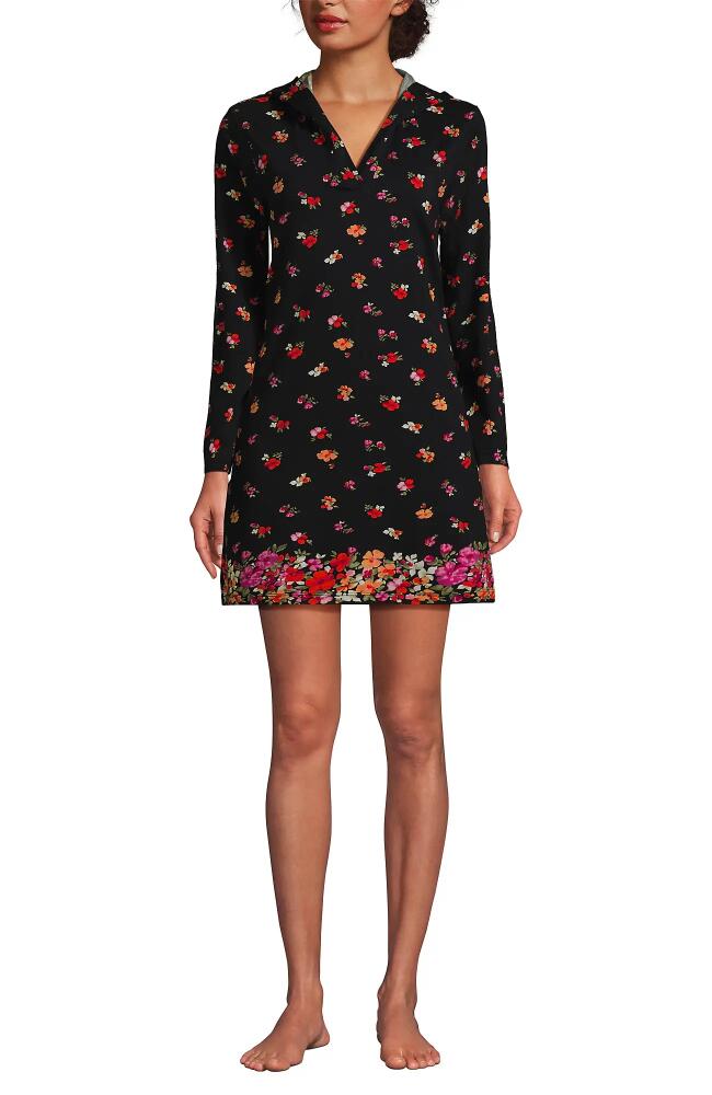 Lands' End Cotton Jersey Long Sleeve Hooded Swim Cover-up Dress in Black Meadow Floral Border Cover