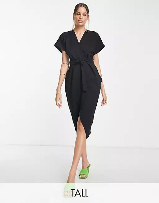 Closet London Tall kimono wrap dress in black Cover