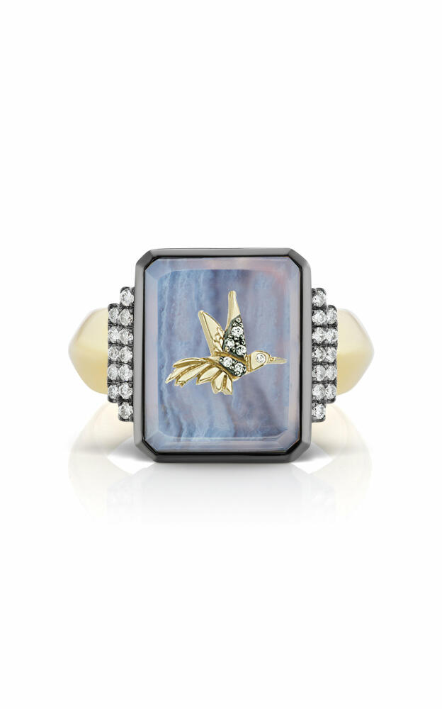 Sorellina - Hummingbird 18K Yellow Gold Agate; Diamond Signet Ring - Blue - Gifts For Her Cover