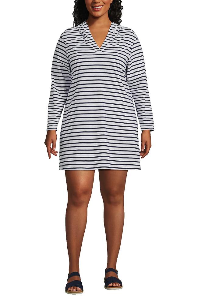 Lands' End Plus Size Cotton Jersey Long Sleeve Hooded Swim Cover-up Dress in White/deep Sea Stripe Cover