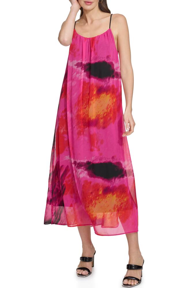 DKNY Abstract Print Chiffon Maxi Dress in Shocking Pink Multi Cover