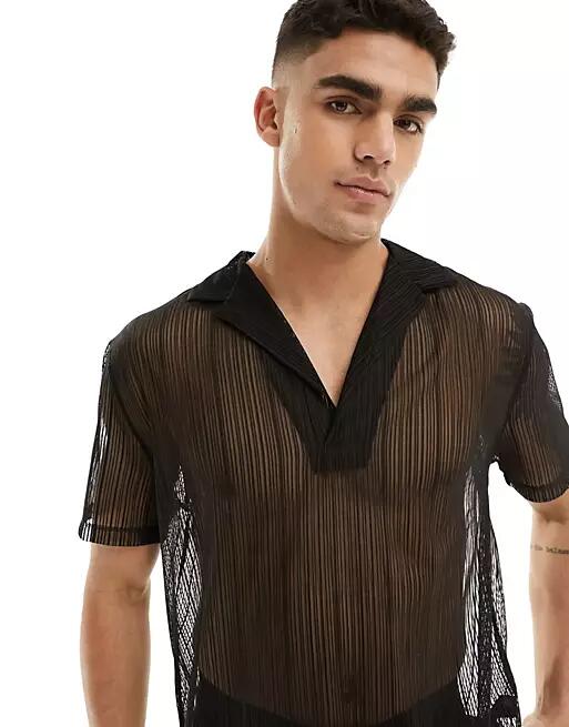 ASOS DESIGN relaxed revere neck polo in black laddered mesh Cover