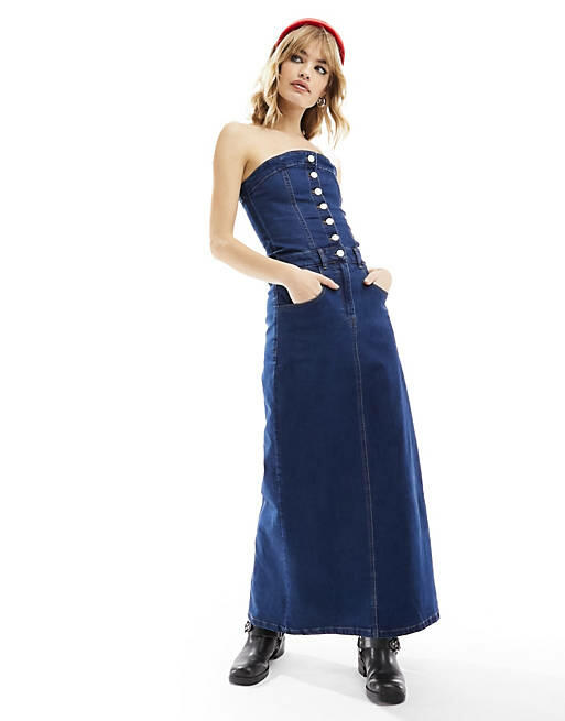 Reclaimed Vintage denim bandeau maxi dress in blue wash Cover