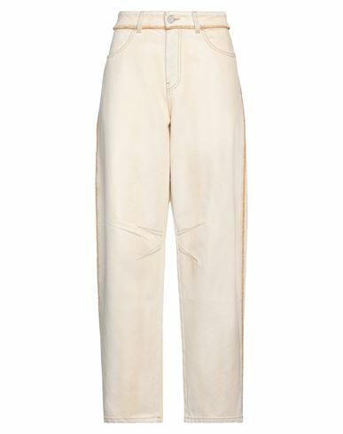 Palm Angels Woman Jeans Cream Cotton, Leather Cover