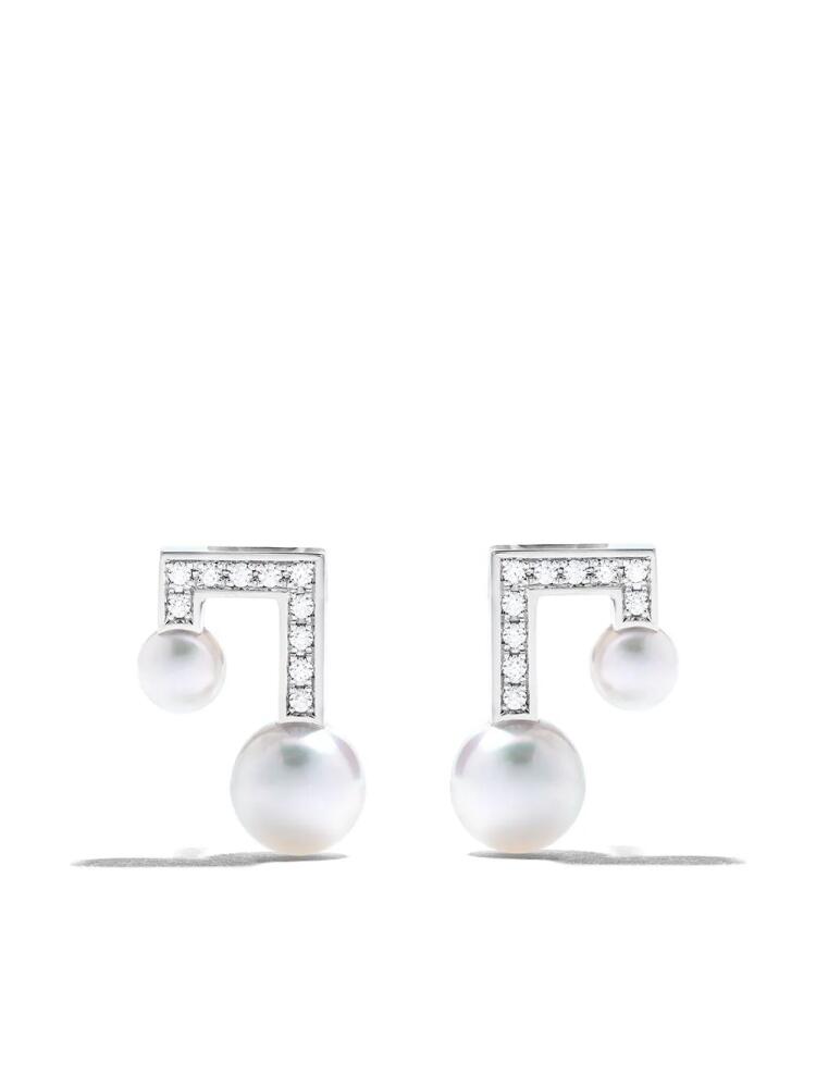 TASAKI 18kt white gold Balance note pavé diamond and Akoya pearl stud earrings - Silver Cover