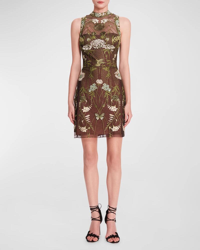 Marchesa Notte Floral-Embroidered Tulle Mini Dress Cover