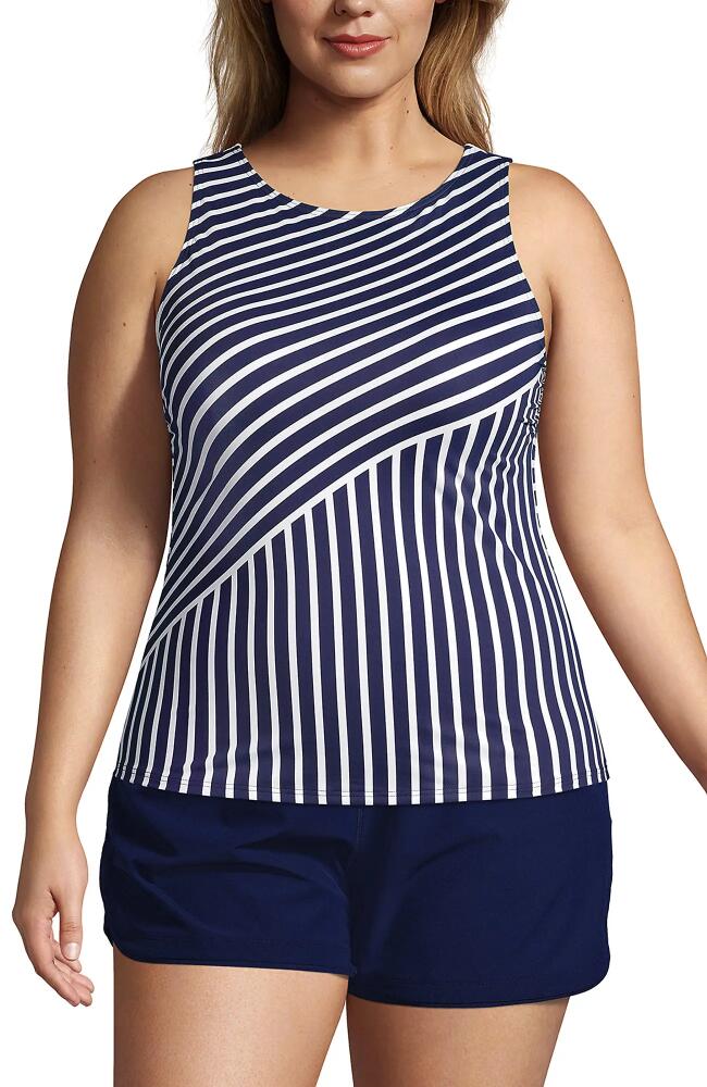 Lands' End Plus Size Long Chlorine Resistant High Neck UPF 50 Modest Tankini Swimsuit Top in Deep Sea Navy Cover