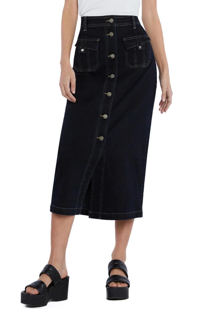 Wash Lab Denim Tab Pocket High Waist Button Front Denim Midi Skirt in Onyx Wash Cover