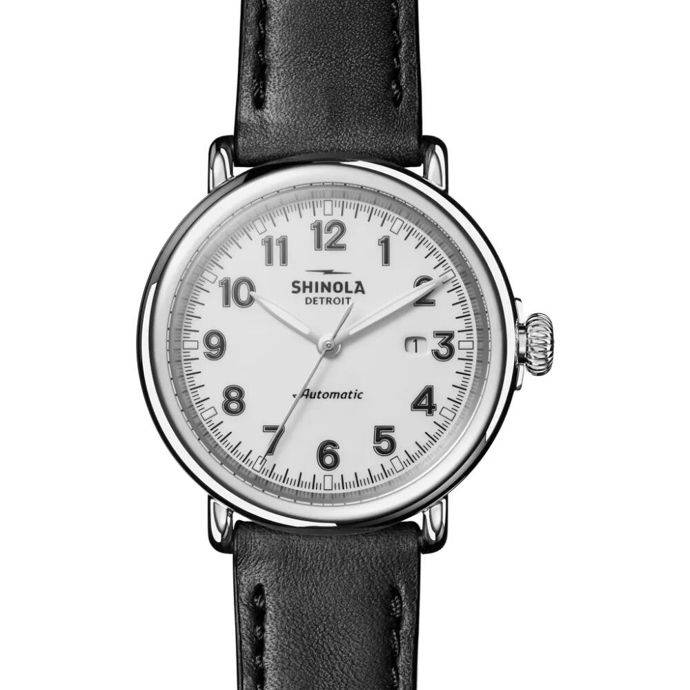 Shinola Runwell Automatic Leather Strap Watch, 45mm in Black/White/Silver Cover