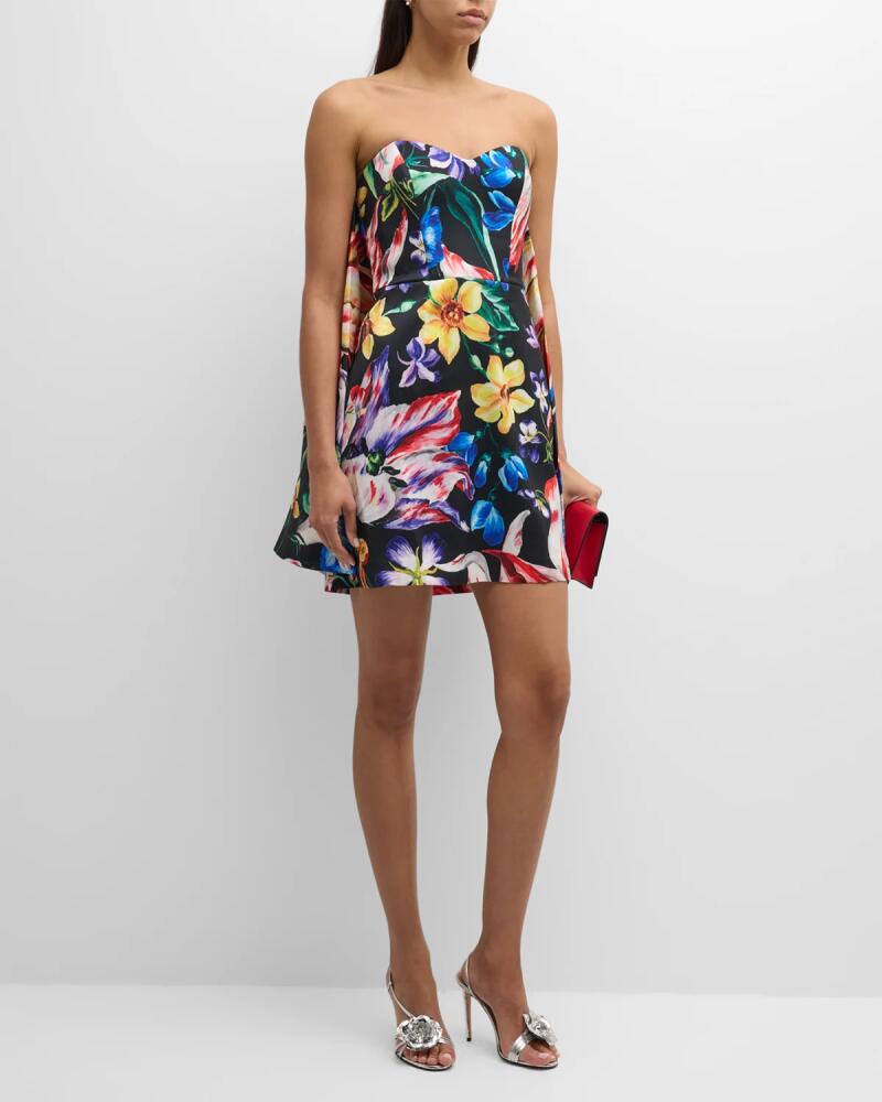 Marchesa Notte Strapless Floral-Print Cape Mini Dress Cover