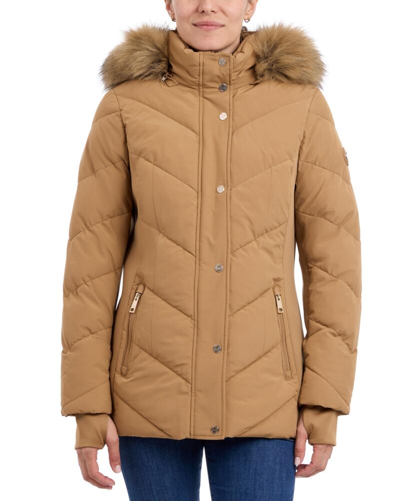 Michael Michael Kors Women's Faux-Fur-Trim Hooded Puffer Coat, Created for Macy's - Dark Camel Cover