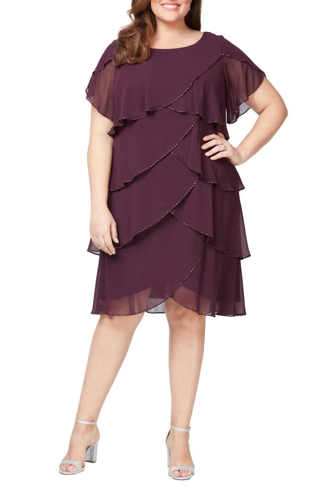 SL FASHIONS Bugle Beaded Tiered Cocktail Dress in Aubergine Cover