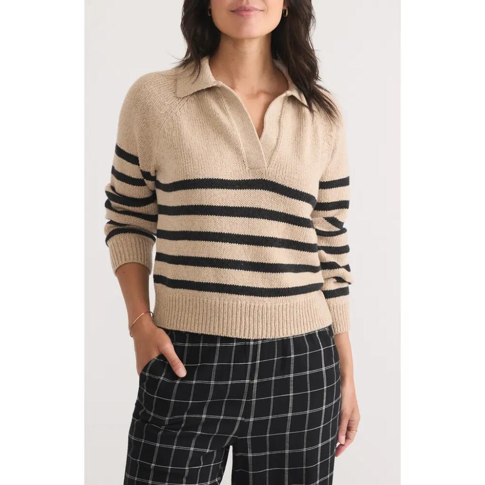 Marine Layer Claire Stripe Wool & Cotton Polo Sweater in Neutral Stripe Cover