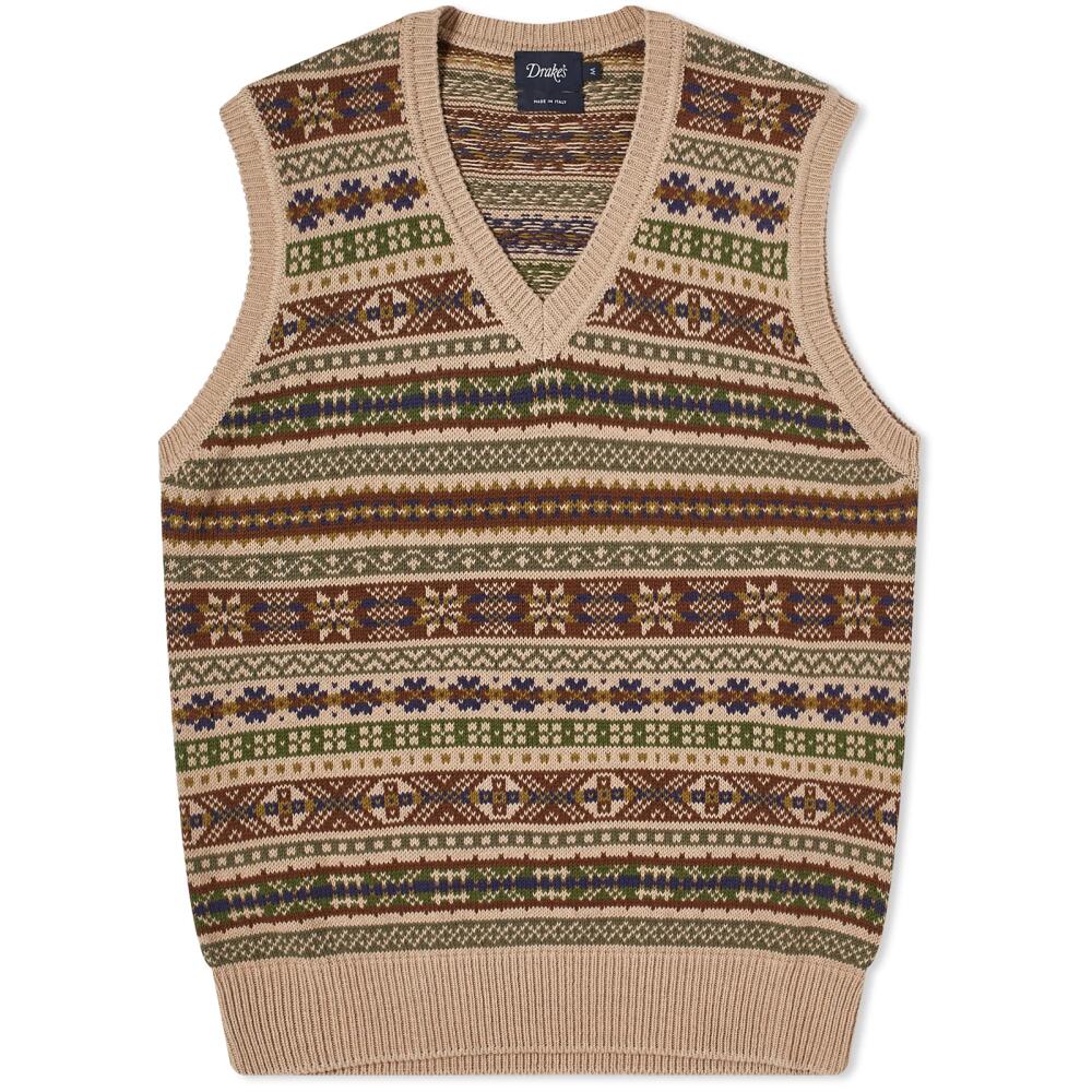 Drake's Men's Trad Fair Isle Knit Vest in Beige Multi Cover