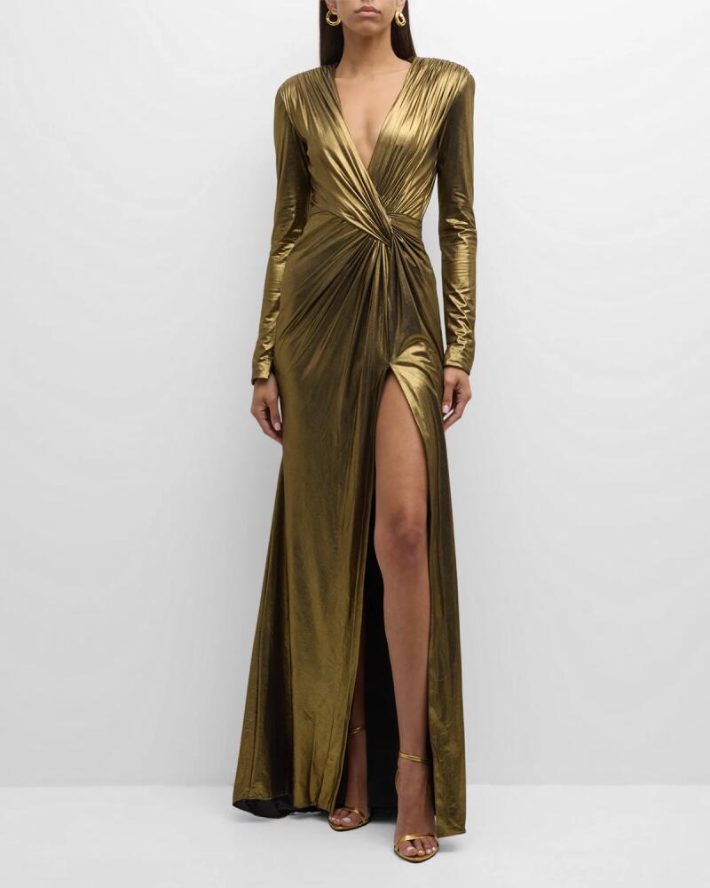 Pamella Roland Metallic Draped Lame Gown with Slit Cover