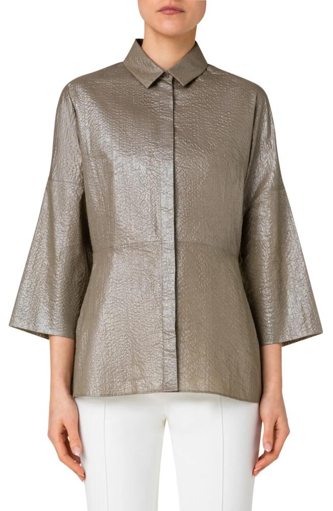 Akris punto Metallic Coated Cotton Seersucker Blouse in 158 Khaki Cover