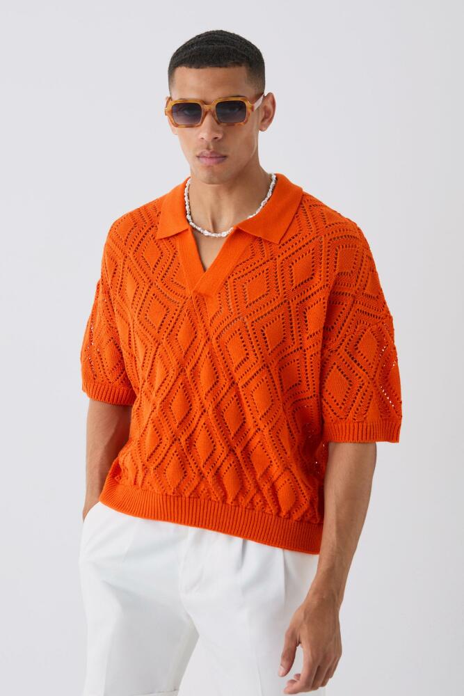 boohoo Mens Boxy Oversized Patterned Open Stitch Knitted Polo - Orange Cover