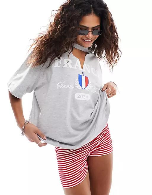 ASOS DESIGN v neck oversized t-shirt with france soccer graphic in heather gray Cover