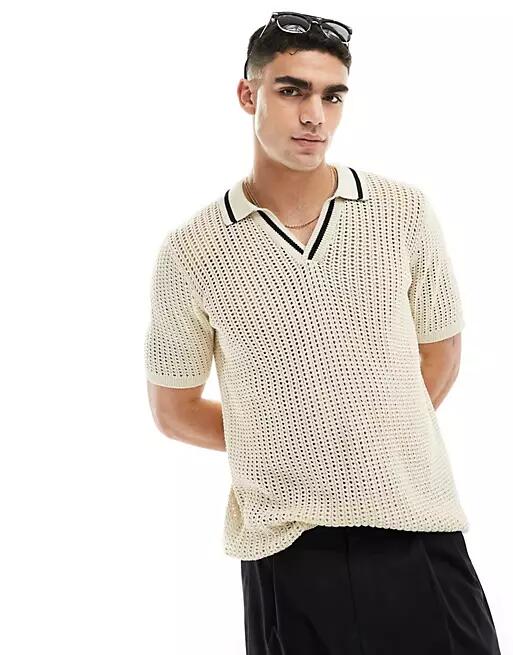 ASOS DESIGN lightweight knitted pointelle revere polo in stone with contrast notch-Neutral Cover