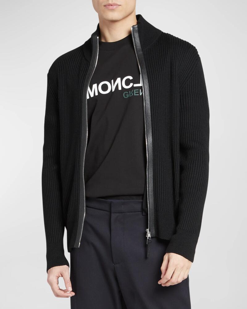 Moncler Men's Ribbed Cardigan with Leather Trim Cover