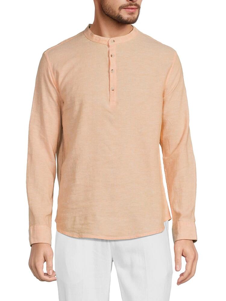 Saks Fifth Avenue Men's Band Collar Linen Blend Tee - Mango Cover