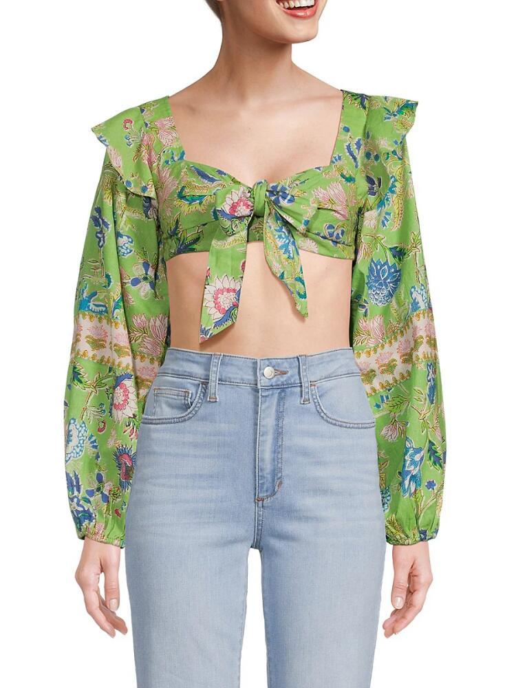 Hemant & Nandita Women's Floral Knot Front Crop Top - Green Cover