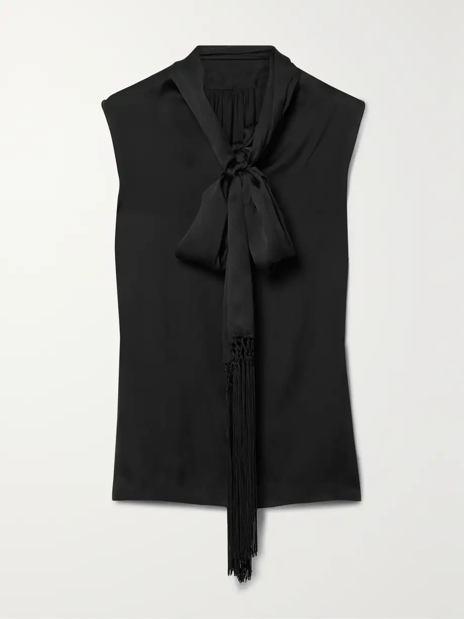 Veronica de Piante - Marina Macramé-trimmed Pussy-bow Silk-charmeuse Blouse - Black Cover