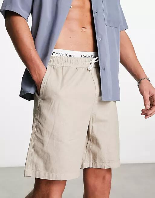 New Look pull on linen shorts in stone-White Cover