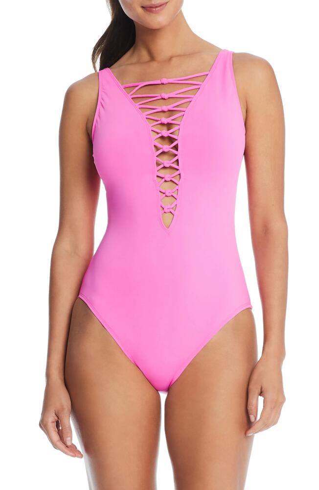 Rod Beattie Let's Get Knotty Lace Down One-Piece Swimsuit in Castro Pink Cover