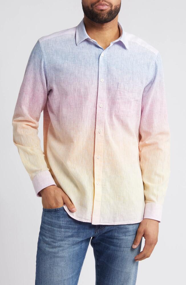 Johnston & Murphy Ombré Cotton & Linen Button-Up Shirt in Blue/pink Cover