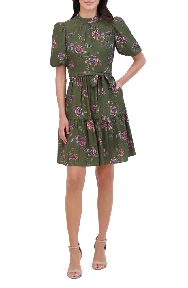 Eliza J Floral Print Puff Sleeve Dress in Olive Cover