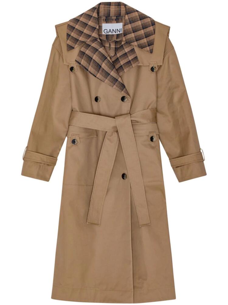 GANNI checkered-lapel belted trench coat - Brown Cover