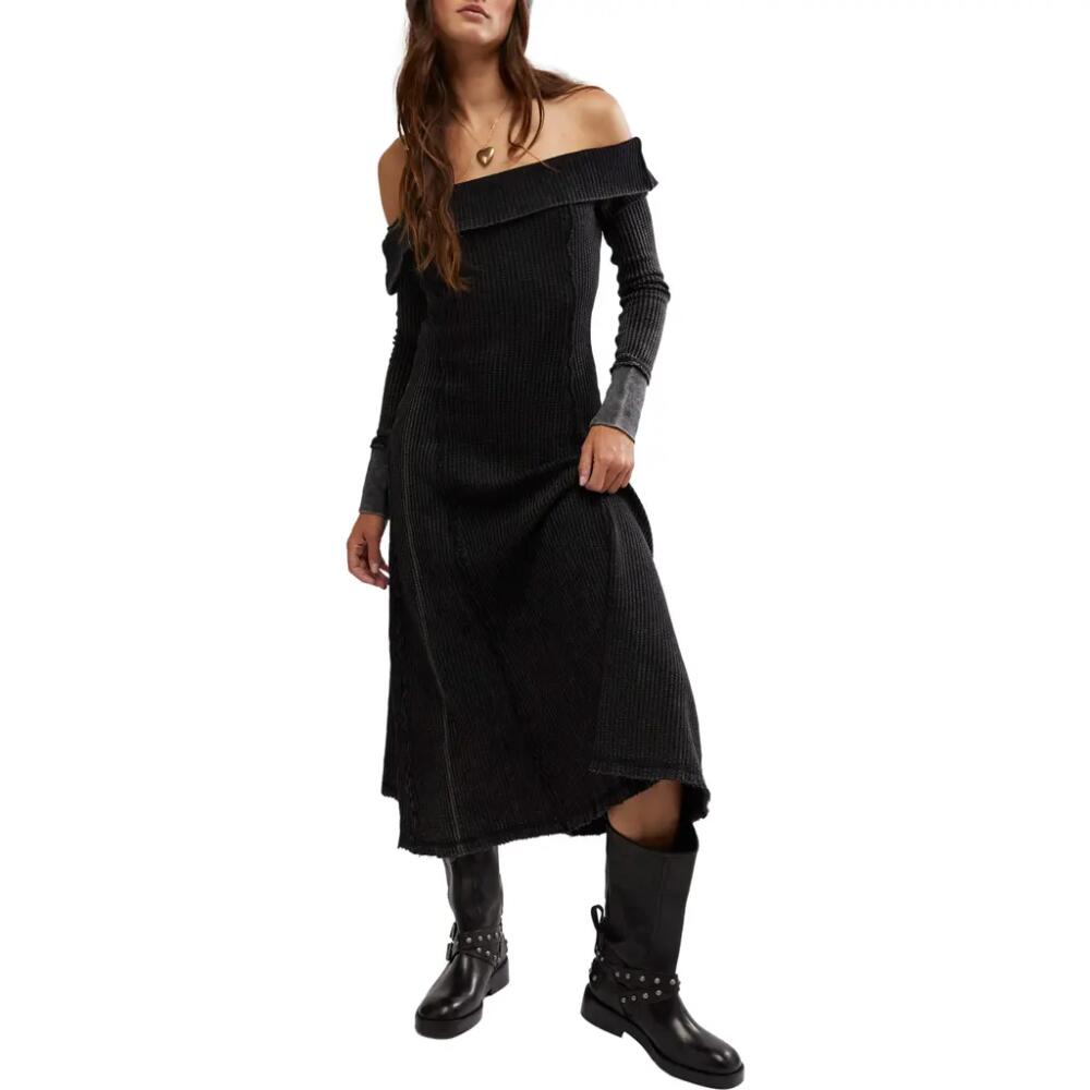 Free People Monty Off the Shoulder Long Sleeve Cotton Midi Dress in Washed Black Cover