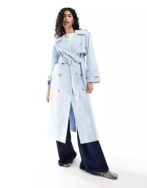 ASOS DESIGN longline linen mix trench coat in blue Cover